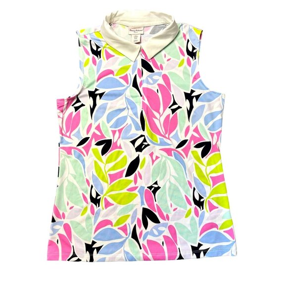 Tommy Bahama Golf‎ M Sleeveless Zip Front Collar Polo Leaf Print Top UPF 50+ - Picture 1 of 7